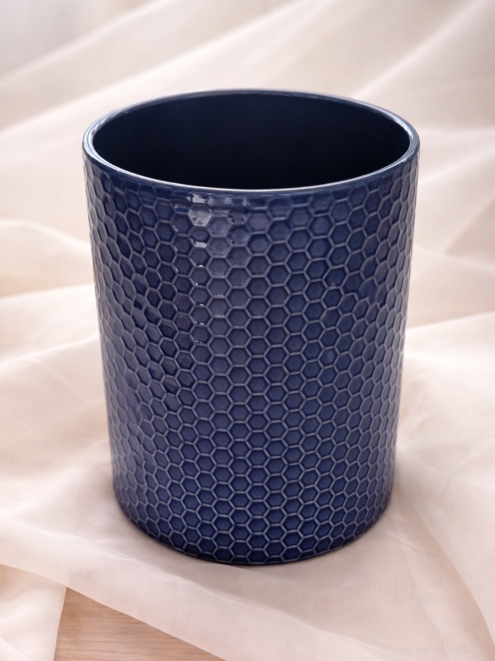Blue Textured Ceramic Vase | Honeycomb Pattern Modern Minimal Decor